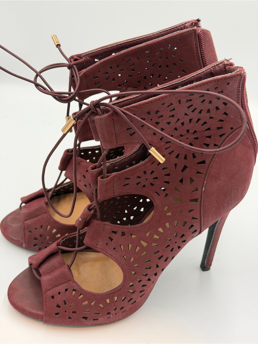 Women's Burgundy Laser-Cut Lace-Up Heel Sandals